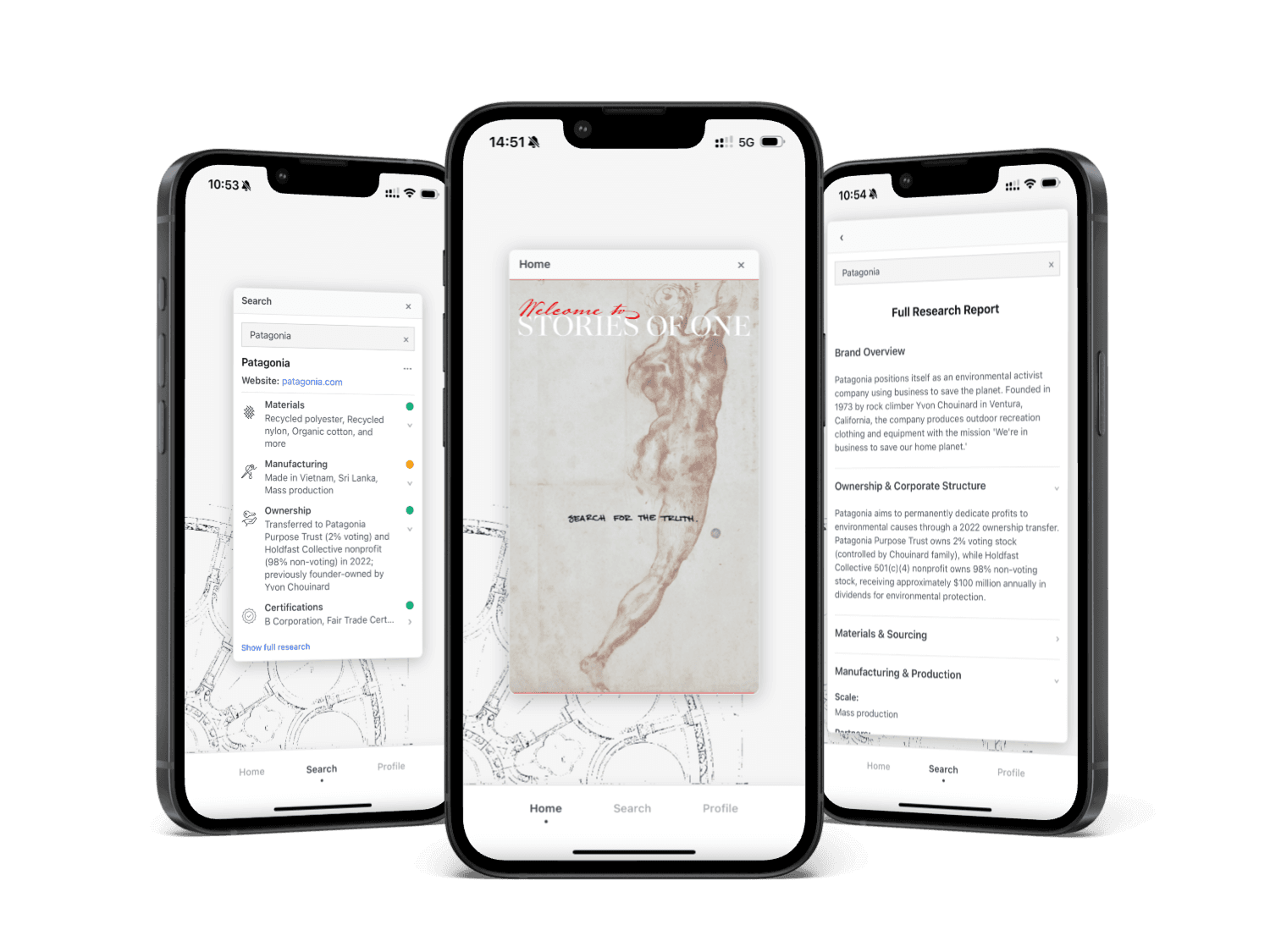Stories of One mobile app mockups